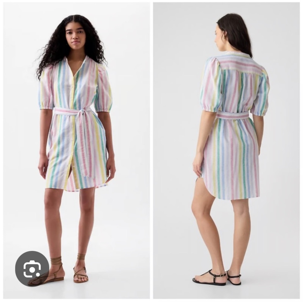 GAP Linen Blend Rainbow Stripe Puff Sleeve Dress S